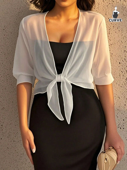 Plus Size Chiffon Tie Front Shirt Cover Up, Lightweight Casual Top For Summer Vacation