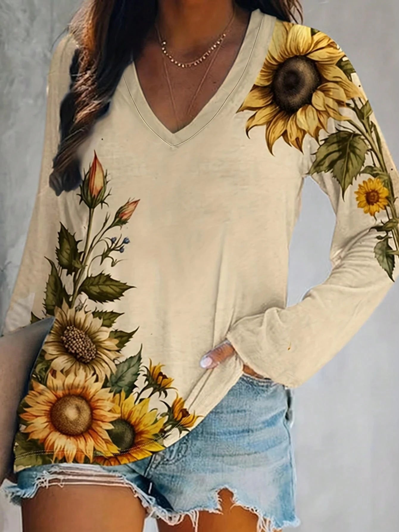 Plus Size Fashionable Sunflower Print Long Sleeve V-Neck T-Shirt Casual