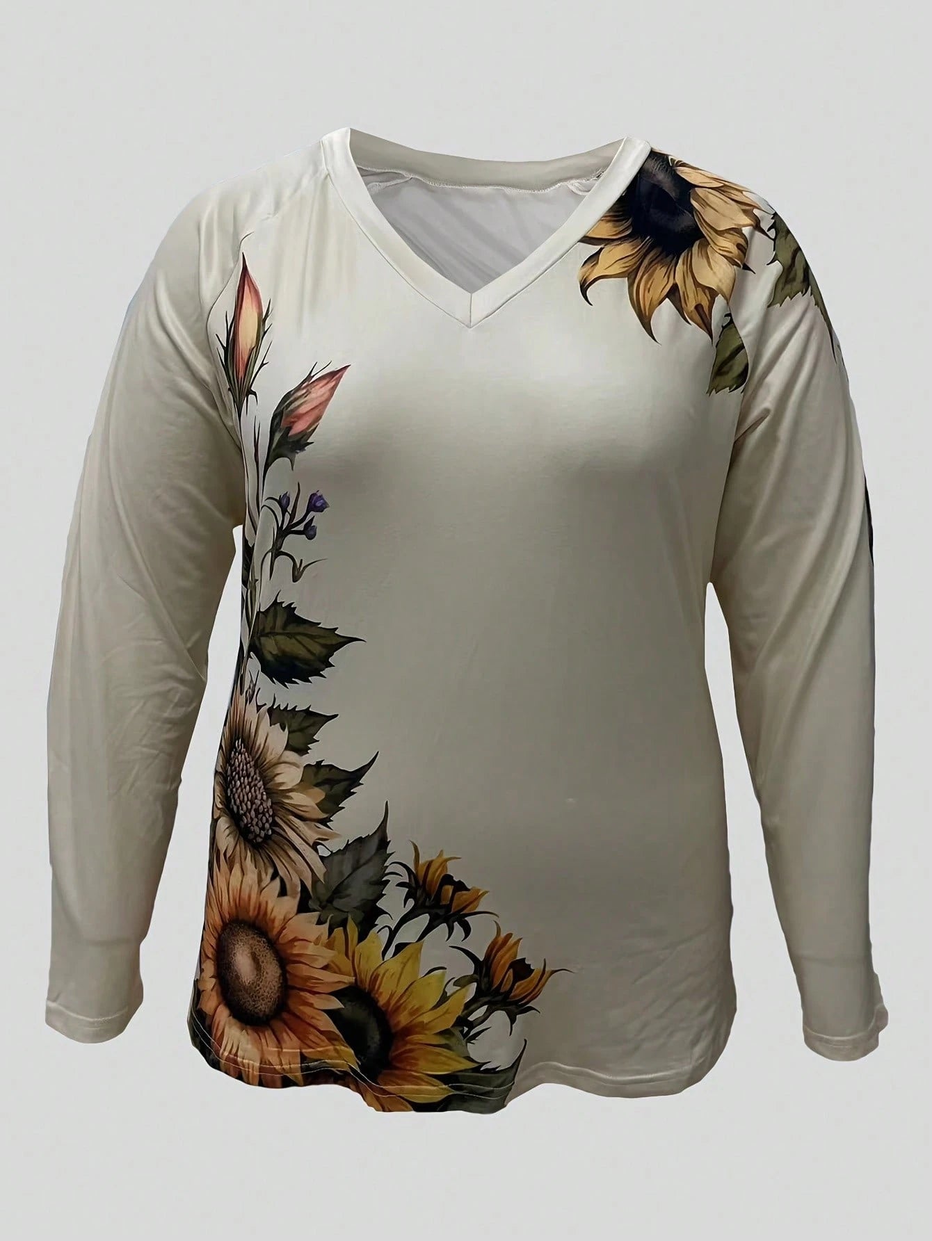 Plus Size Fashionable Sunflower Print Long Sleeve V-Neck T-Shirt Casual