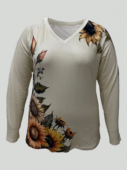 Plus Size Fashionable Sunflower Print Long Sleeve V-Neck T-Shirt Casual