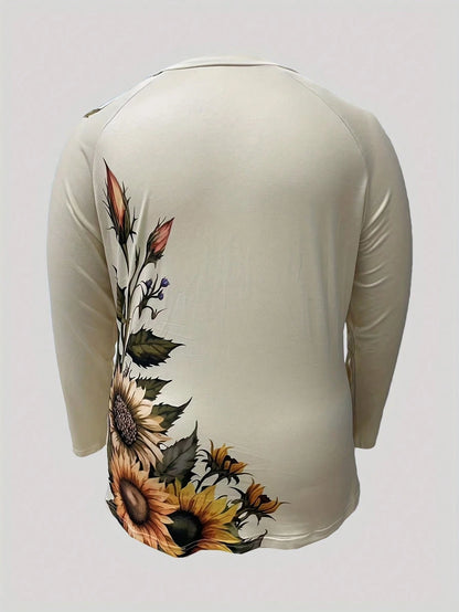 Plus Size Fashionable Sunflower Print Long Sleeve V-Neck T-Shirt Casual