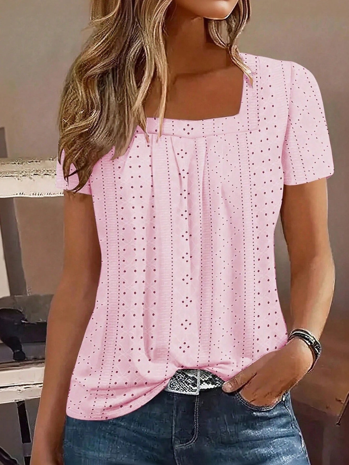 Plus Size Square Neck Embroidered T-Shirt, Casual Short Sleeve Front Pleated Top, Spring/Summer Women's Clothing Vacation Pink
