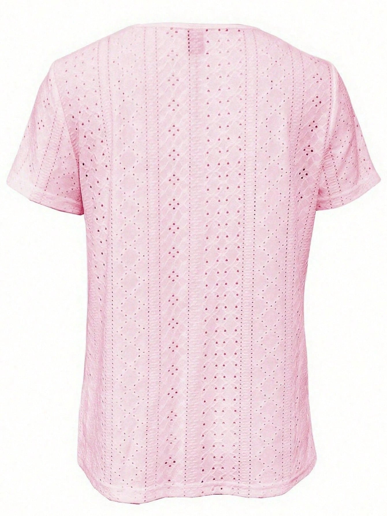 Plus Size Square Neck Embroidered T-Shirt, Casual Short Sleeve Front Pleated Top, Spring/Summer Women's Clothing Vacation Pink