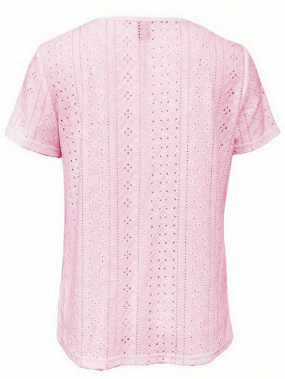 Plus Size Square Neck Embroidered T-Shirt, Casual Short Sleeve Front Pleated Top, Spring/Summer Women's Clothing Vacation Pink