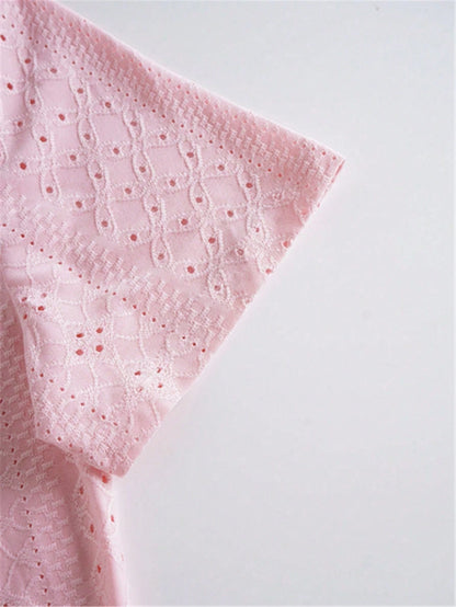 Plus Size Square Neck Embroidered T-Shirt, Casual Short Sleeve Front Pleated Top, Spring/Summer Women's Clothing Vacation Pink