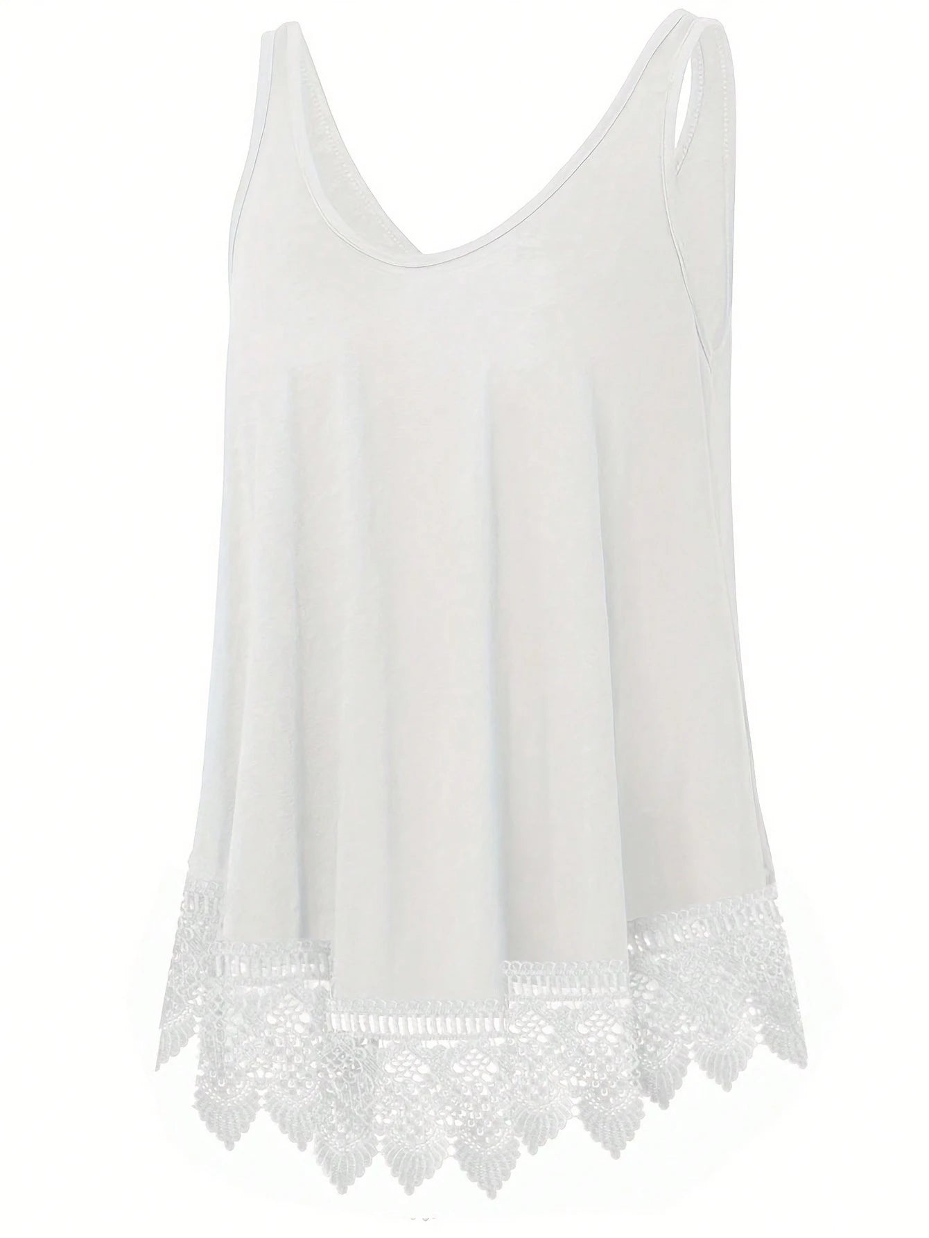 Plus Size Summer Casual Lace Patchwork Solid Color Tank Top, Elastic Fabric, Slightly Sheer, White Tank Top, Suitable For Outerwear Or Innerwear