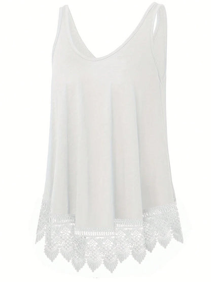Plus Size Summer Casual Lace Patchwork Solid Color Tank Top, Elastic Fabric, Slightly Sheer, White Tank Top, Suitable For Outerwear Or Innerwear