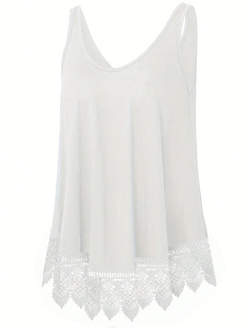 Plus Size Summer Casual Lace Patchwork Solid Color Tank Top, Elastic Fabric, Slightly Sheer, White Tank Top, Suitable For Outerwear Or Innerwear