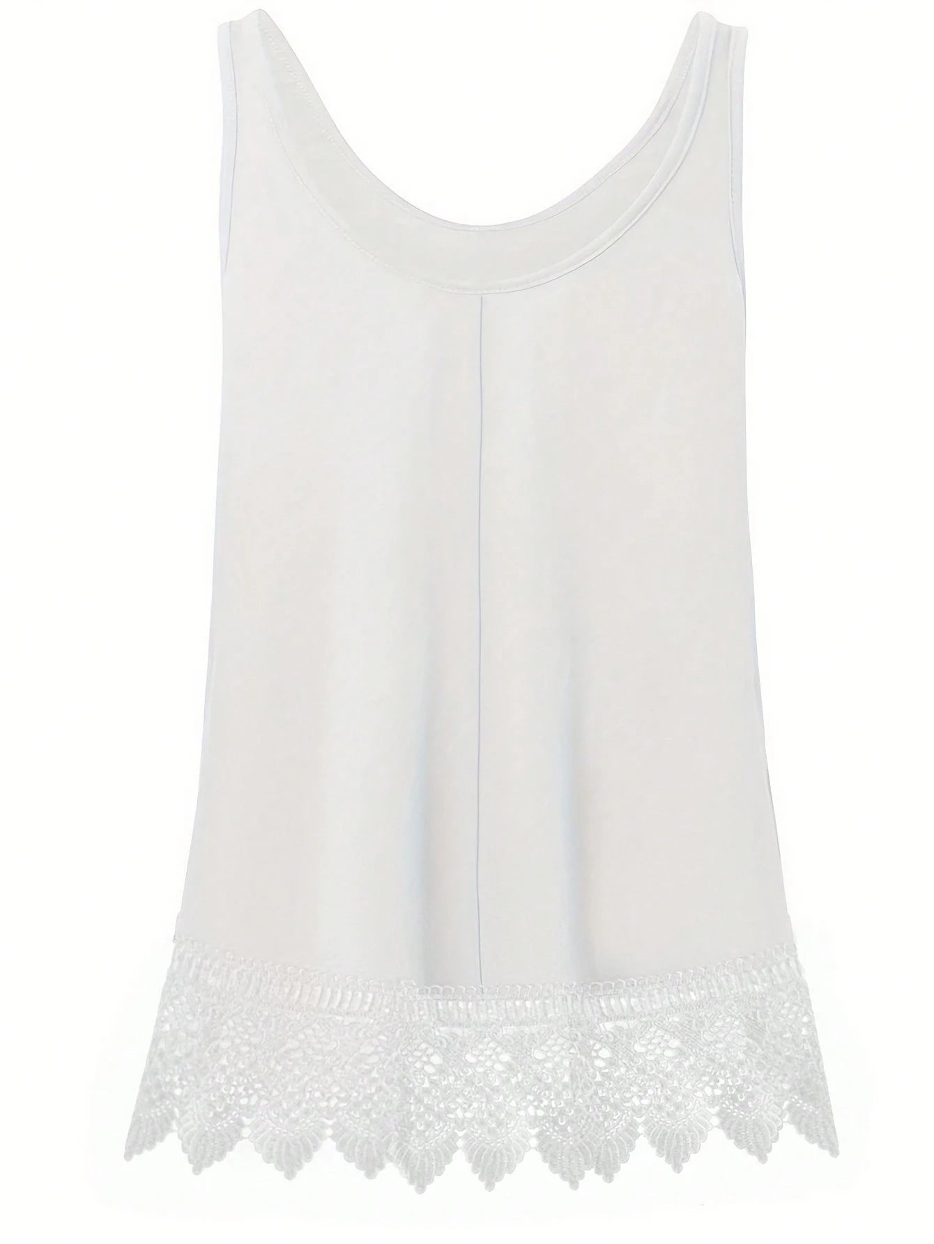 Plus Size Summer Casual Lace Patchwork Solid Color Tank Top, Elastic Fabric, Slightly Sheer, White Tank Top, Suitable For Outerwear Or Innerwear