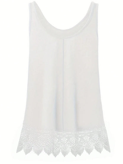 Plus Size Summer Casual Lace Patchwork Solid Color Tank Top, Elastic Fabric, Slightly Sheer, White Tank Top, Suitable For Outerwear Or Innerwear