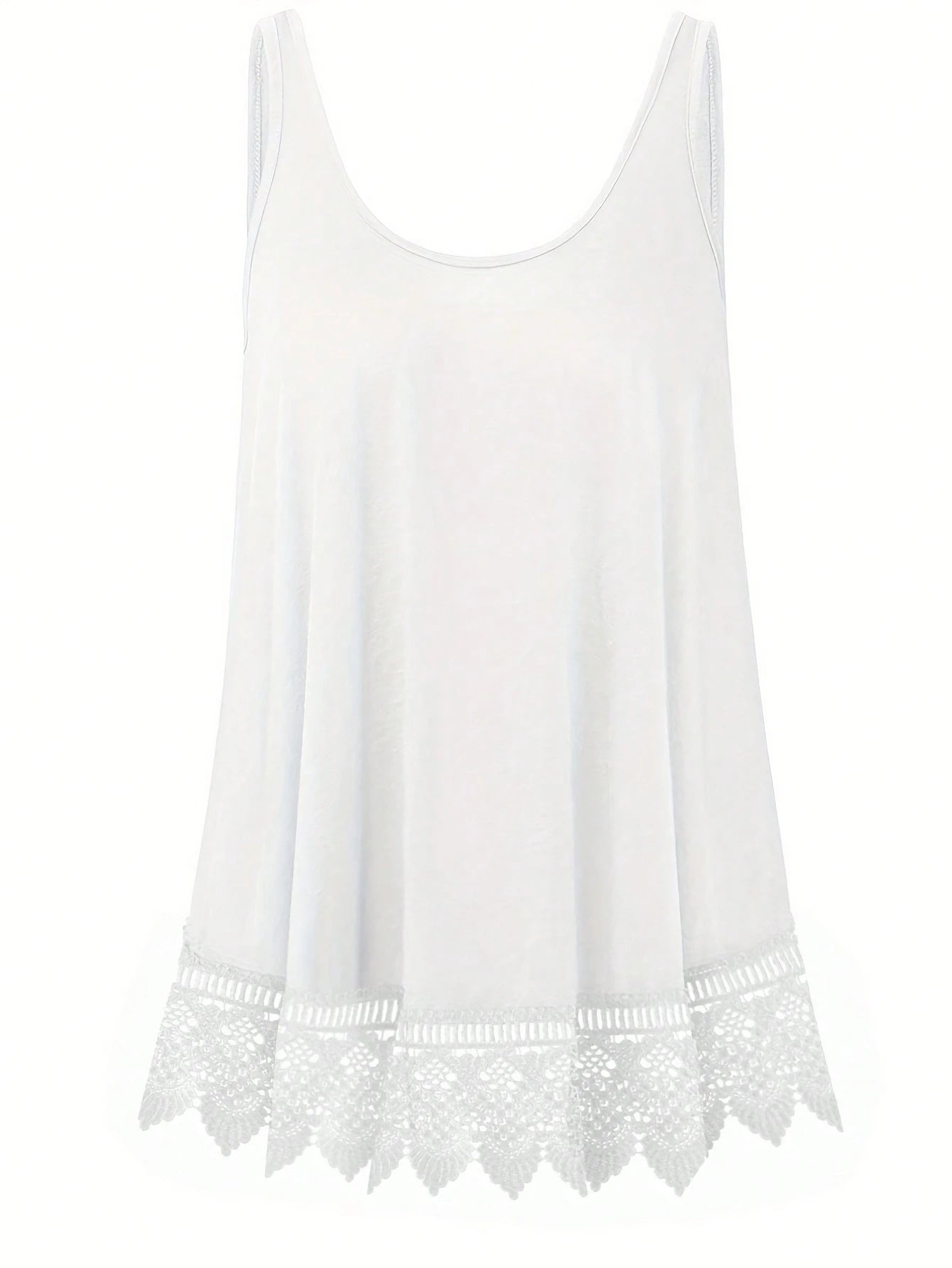 Plus Size Summer Casual Lace Patchwork Solid Color Tank Top, Elastic Fabric, Slightly Sheer, White Tank Top, Suitable For Outerwear Or Innerwear