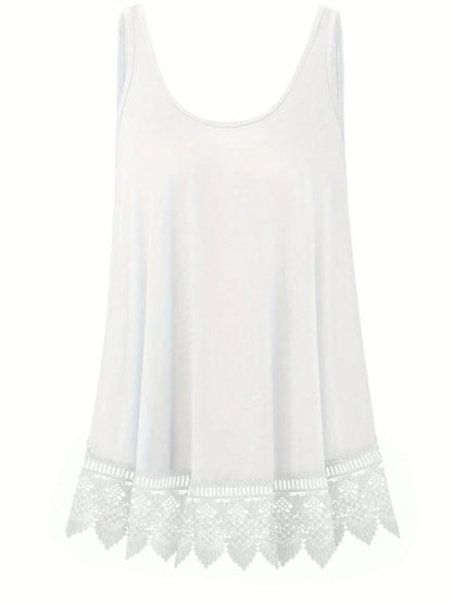 Plus Size Summer Casual Lace Patchwork Solid Color Tank Top, Elastic Fabric, Slightly Sheer, White Tank Top, Suitable For Outerwear Or Innerwear
