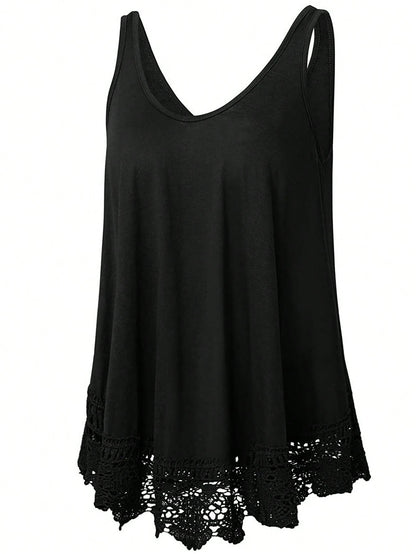 Plus Size Summer Casual Lace Patchwork Solid Color Tank Top, Elastic Fabric, Slightly Sheer, White Tank Top, Suitable For Outerwear Or Innerwear