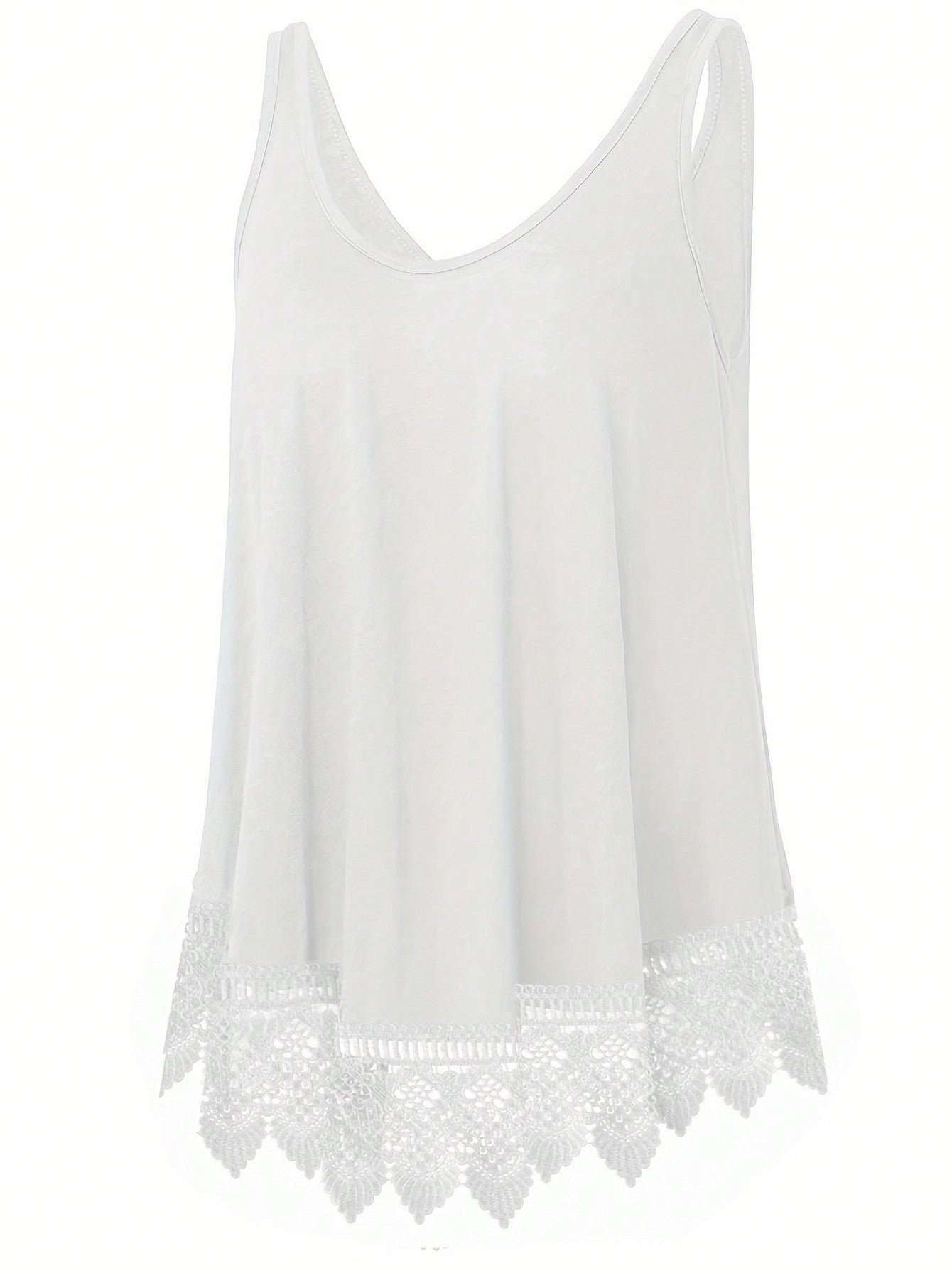 Plus Size Summer Casual Lace Patchwork Solid Color Tank Top, Elastic Fabric, Slightly Sheer, White Tank Top, Suitable For Outerwear Or Innerwear