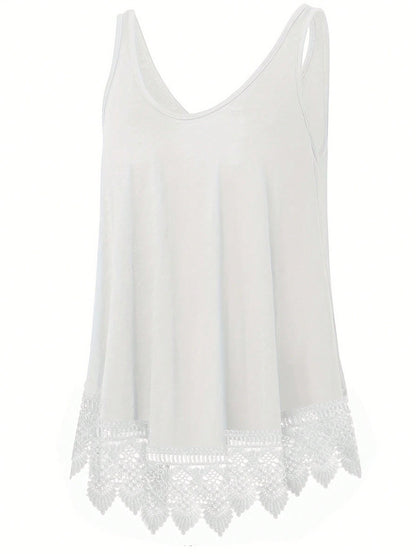 Plus Size Summer Casual Lace Patchwork Solid Color Tank Top, Elastic Fabric, Slightly Sheer, White Tank Top, Suitable For Outerwear Or Innerwear