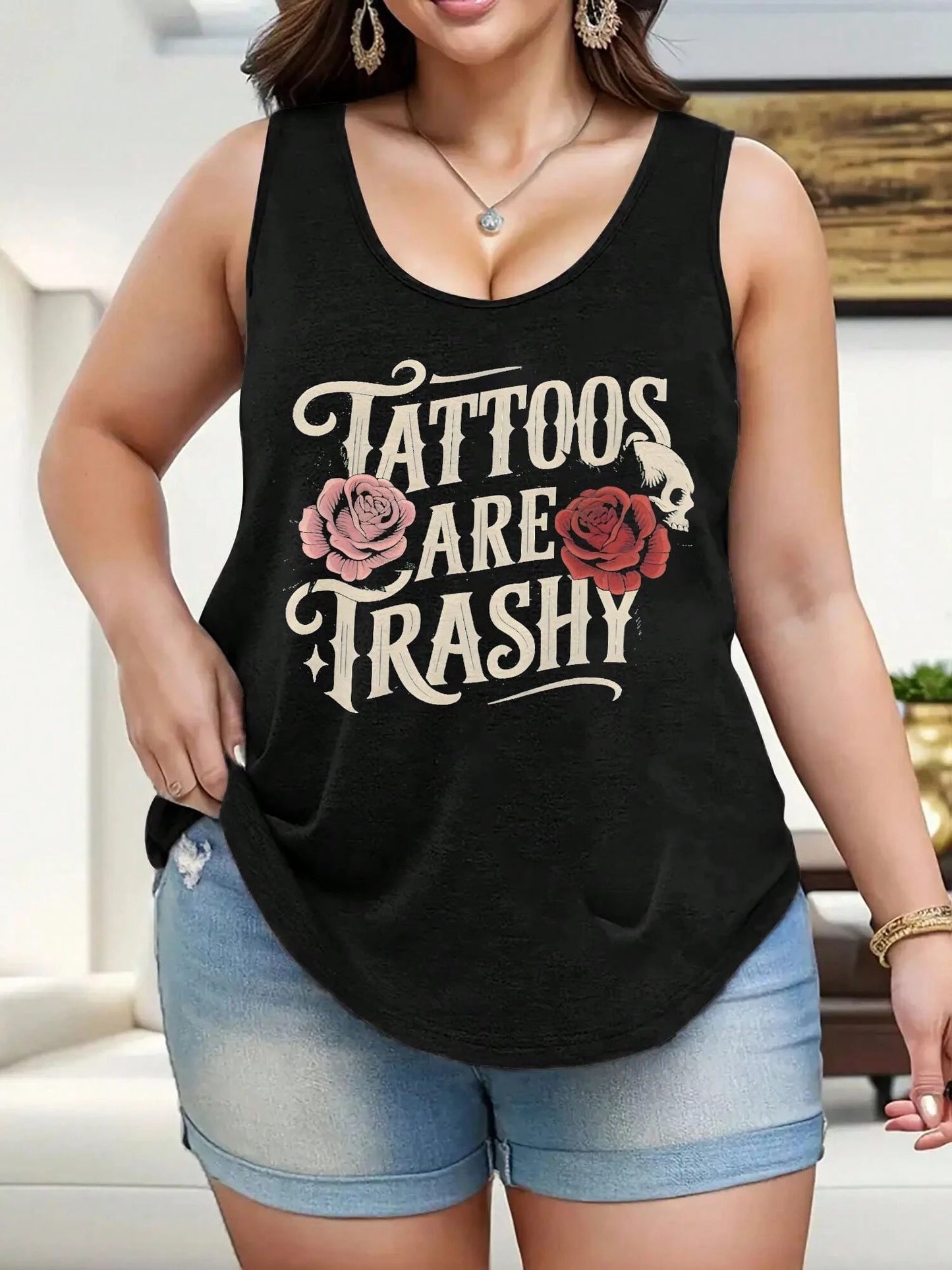 Plus Size Tattoos Are Trashy Print Women's Tank Top Casual Crew Neck Sleeveless Tank Top For Summer Wear Perfect Gift For Women
