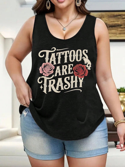 Plus Size Tattoos Are Trashy Print Women's Tank Top Casual Crew Neck Sleeveless Tank Top For Summer Wear Perfect Gift For Women