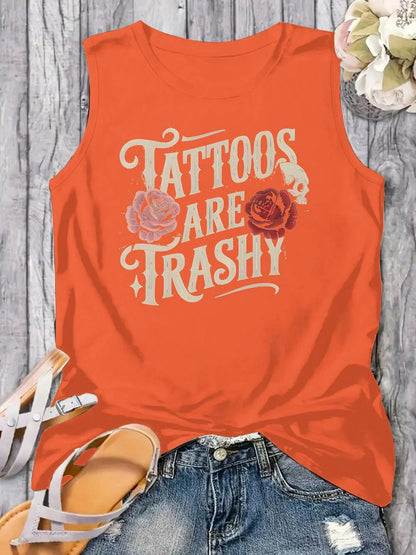 Plus Size Tattoos Are Trashy Print Women's Tank Top Casual Crew Neck Sleeveless Tank Top For Summer Wear Perfect Gift For Women