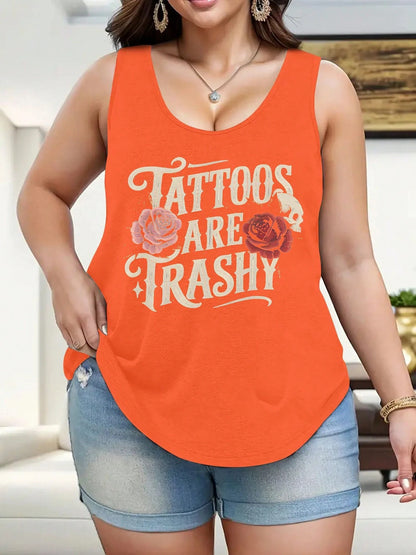 Plus Size Tattoos Are Trashy Print Women's Tank Top Casual Crew Neck Sleeveless Tank Top For Summer Wear Perfect Gift For Women