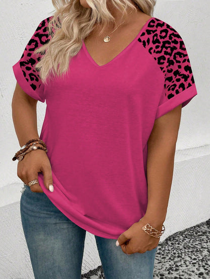 Plus Size V-Neck Leopard Print Loose Comfortable Short Sleeve T-Shirt, 2025 New Fashion Casual Design For Women