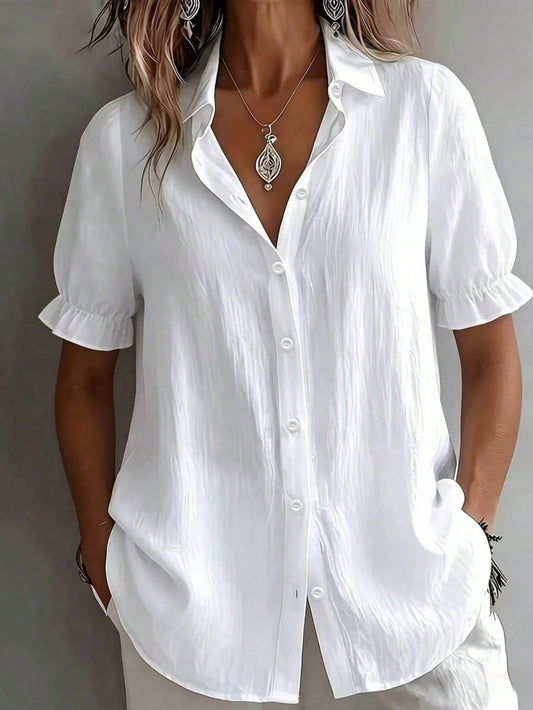 Plus Size White Short Sleeve Shirt With Tie Collar Vacation Summer