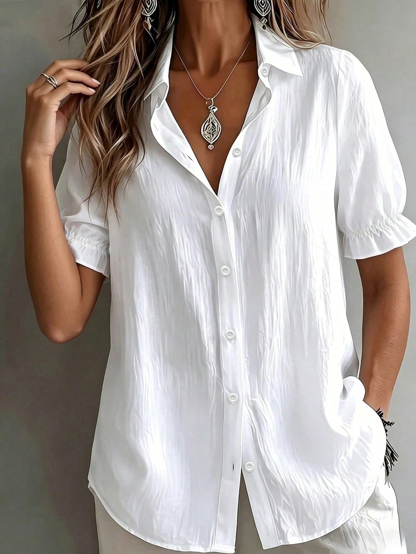 Plus Size White Short Sleeve Shirt With Tie Collar Vacation Summer