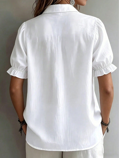 Plus Size White Short Sleeve Shirt With Tie Collar Vacation Summer