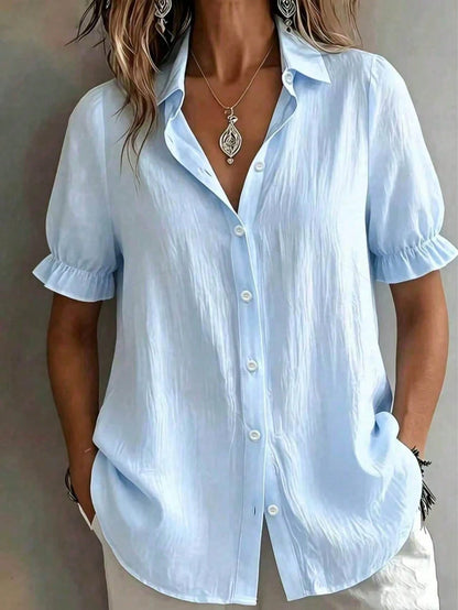 Plus Size White Short Sleeve Shirt With Tie Collar Vacation Summer