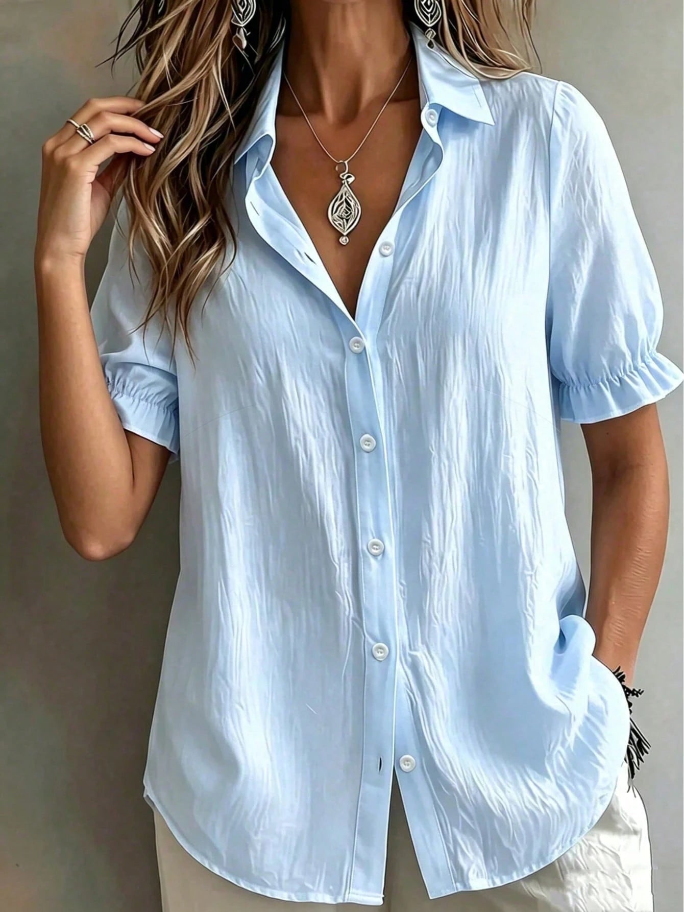 Plus Size White Short Sleeve Shirt With Tie Collar Vacation Summer