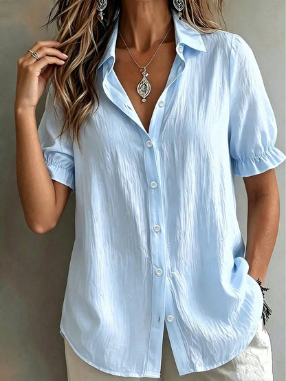 Plus Size White Short Sleeve Shirt With Tie Collar Vacation Summer