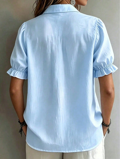 Plus Size White Short Sleeve Shirt With Tie Collar Vacation Summer