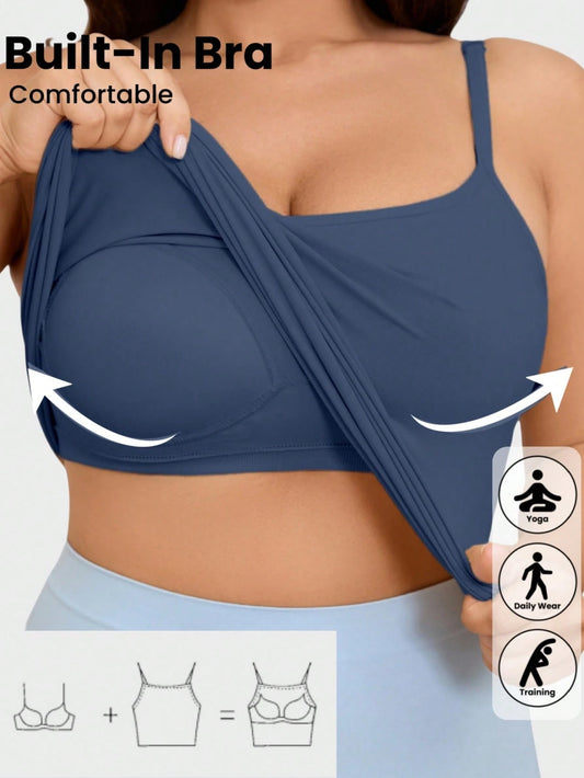 Plus Size Women Casual Striped Camisole, Round Neck Design, Stretchy Knit Fabric, Pullover Style, With Chest Pads And Cup Lining, Suitable For All Seasons, Comfortable And Versatile Summer Sports