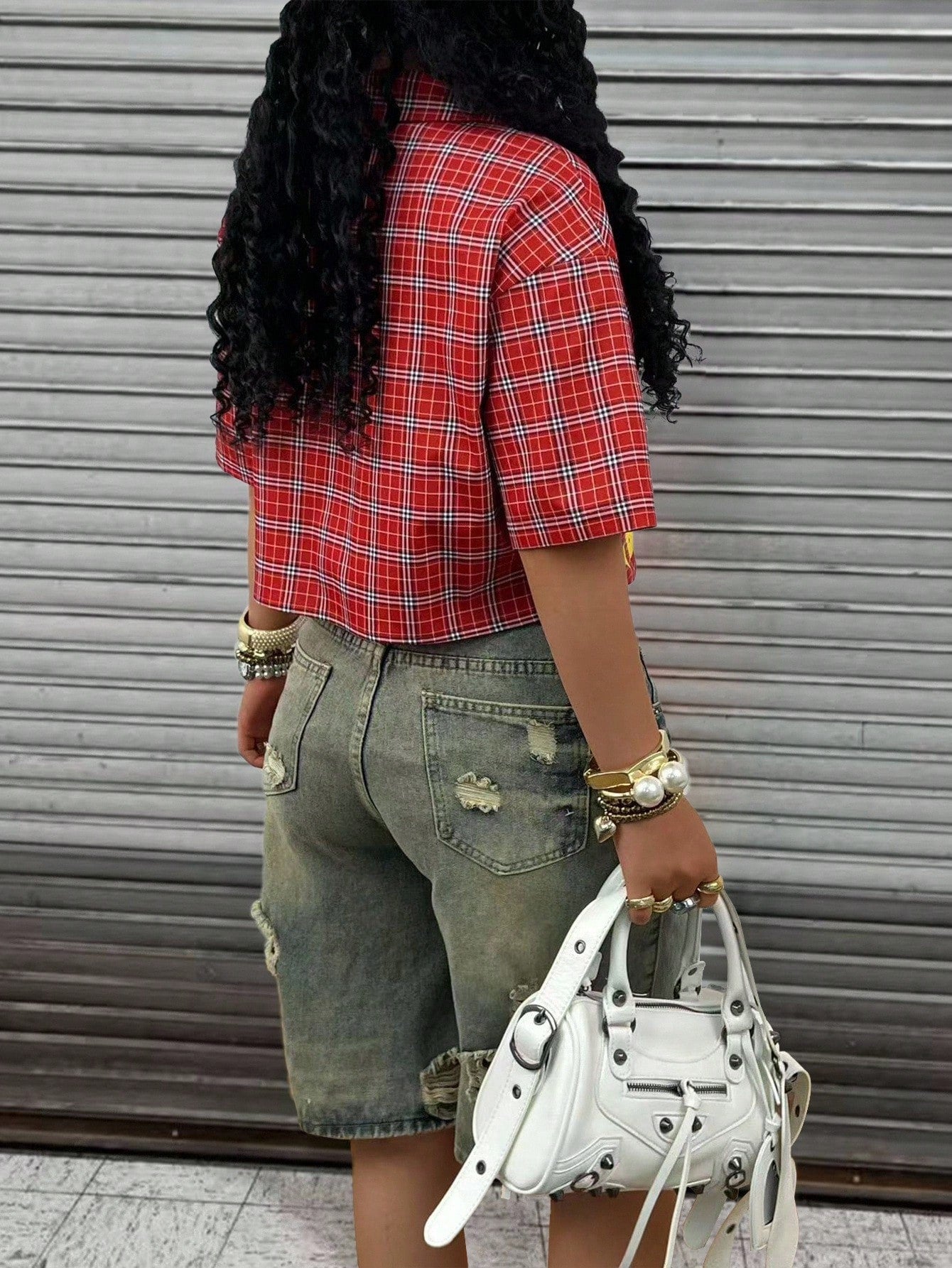 Plus Size Women Plaid Slogan Print Cropped Drop Shoulder Short Sleeve Shirt
