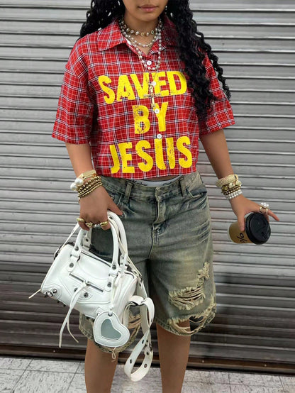 Plus Size Women Plaid Slogan Print Cropped Drop Shoulder Short Sleeve Shirt
