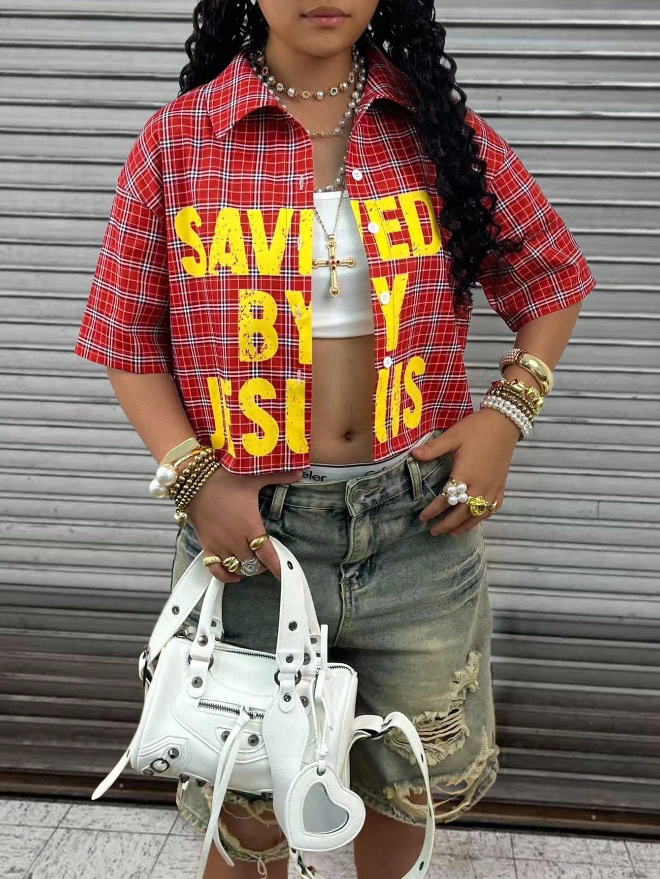 Plus Size Women Plaid Slogan Print Cropped Drop Shoulder Short Sleeve Shirt