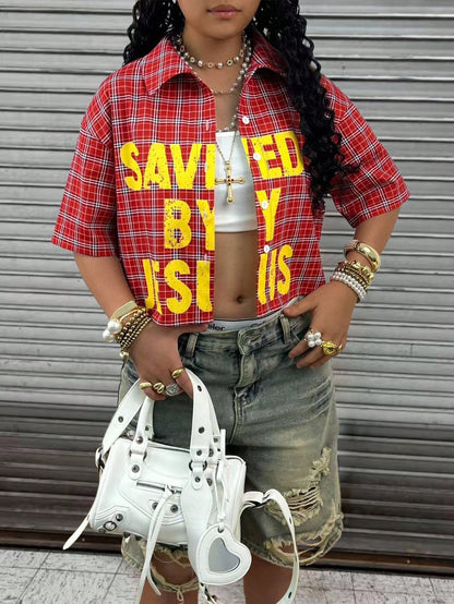 Plus Size Women Plaid Slogan Print Cropped Drop Shoulder Short Sleeve Shirt