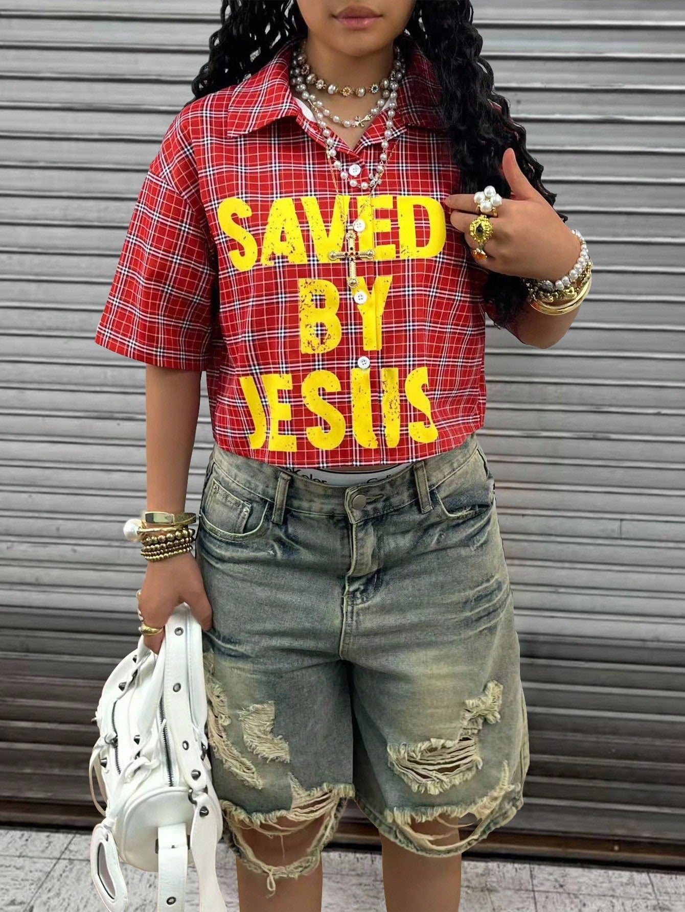 Plus Size Women Plaid Slogan Print Cropped Drop Shoulder Short Sleeve Shirt