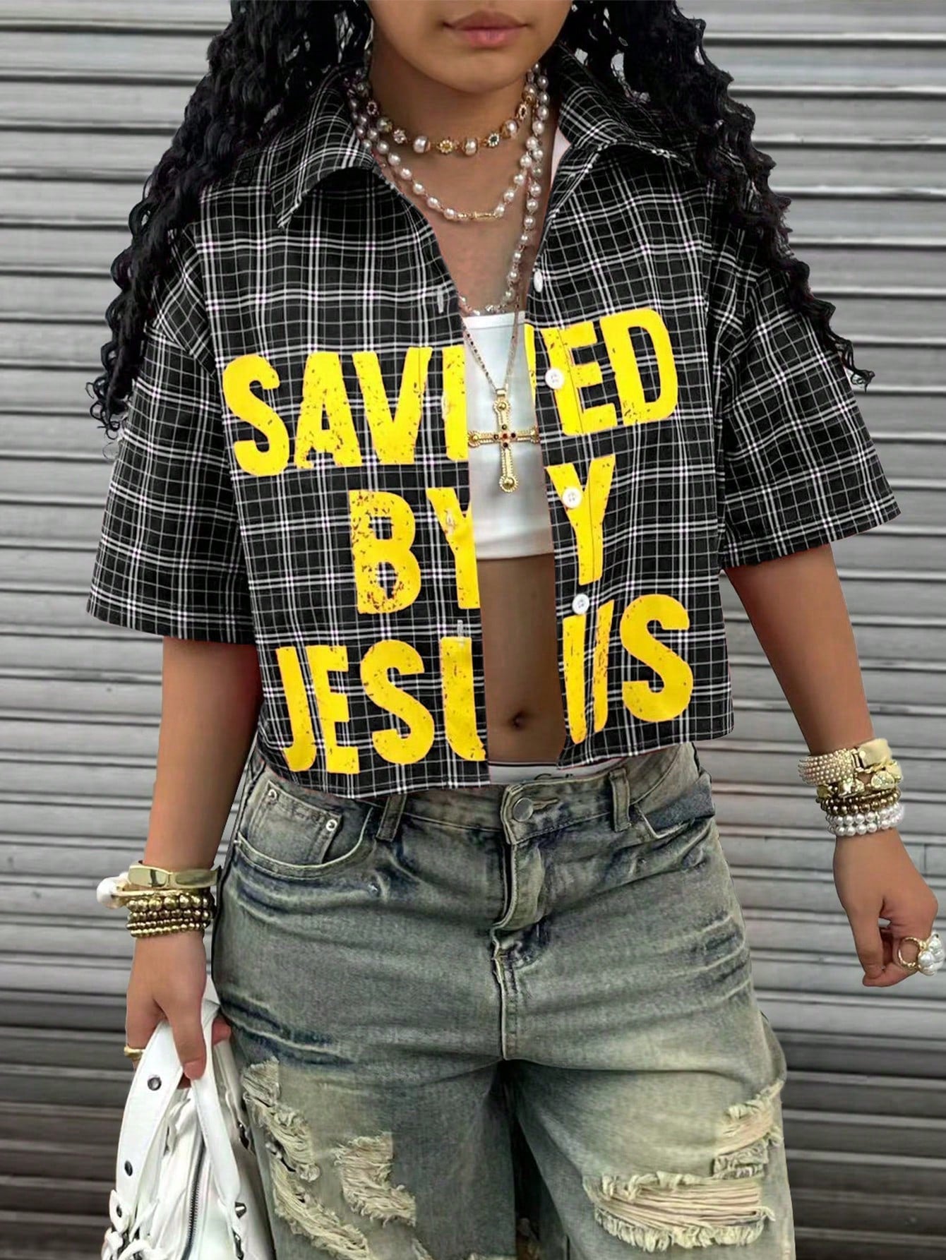 Plus Size Women Plaid Slogan Print Cropped Drop Shoulder Short Sleeve Shirt