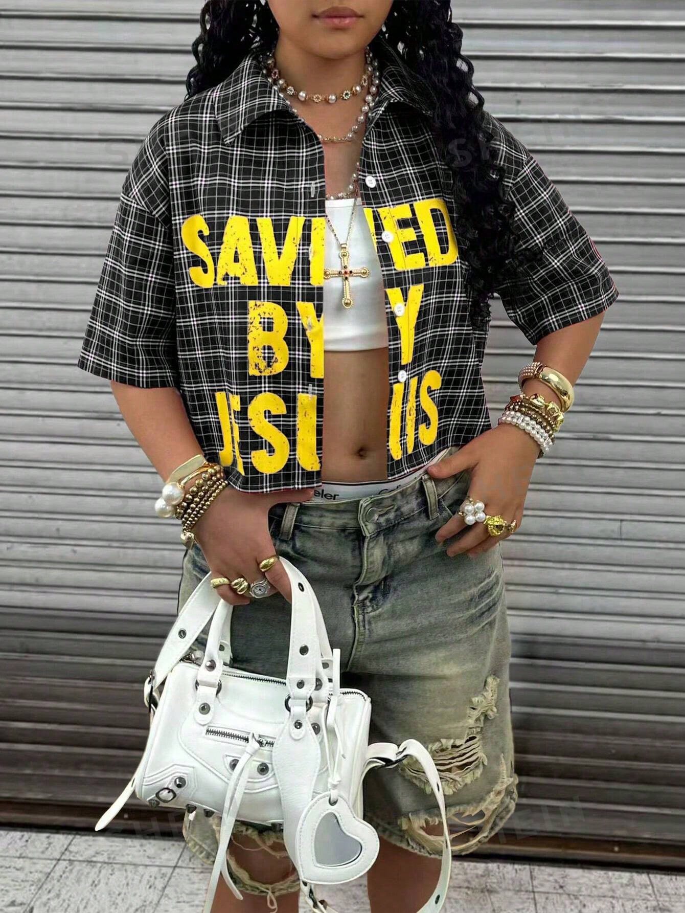 Plus Size Women Plaid Slogan Print Cropped Drop Shoulder Short Sleeve Shirt