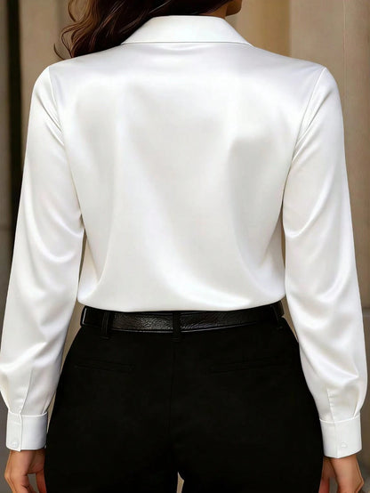 Plus Size Women's Fashion New Casual Satin Button-Up Shirt, All Season White Spring