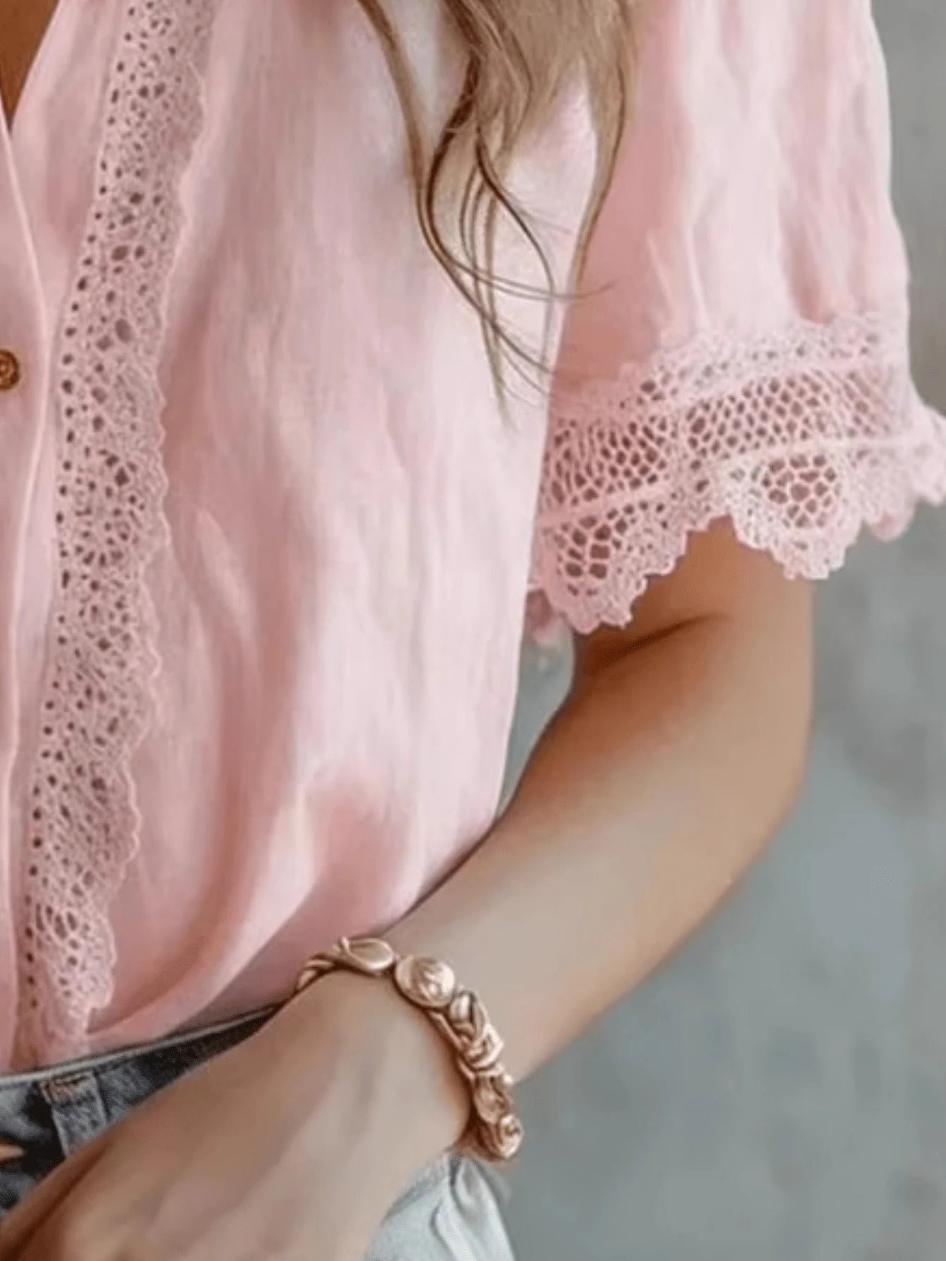 Plus Size Women's Lace Trim Linen Blend Blouse, Puff Short Sleeve Button-Down Shirt