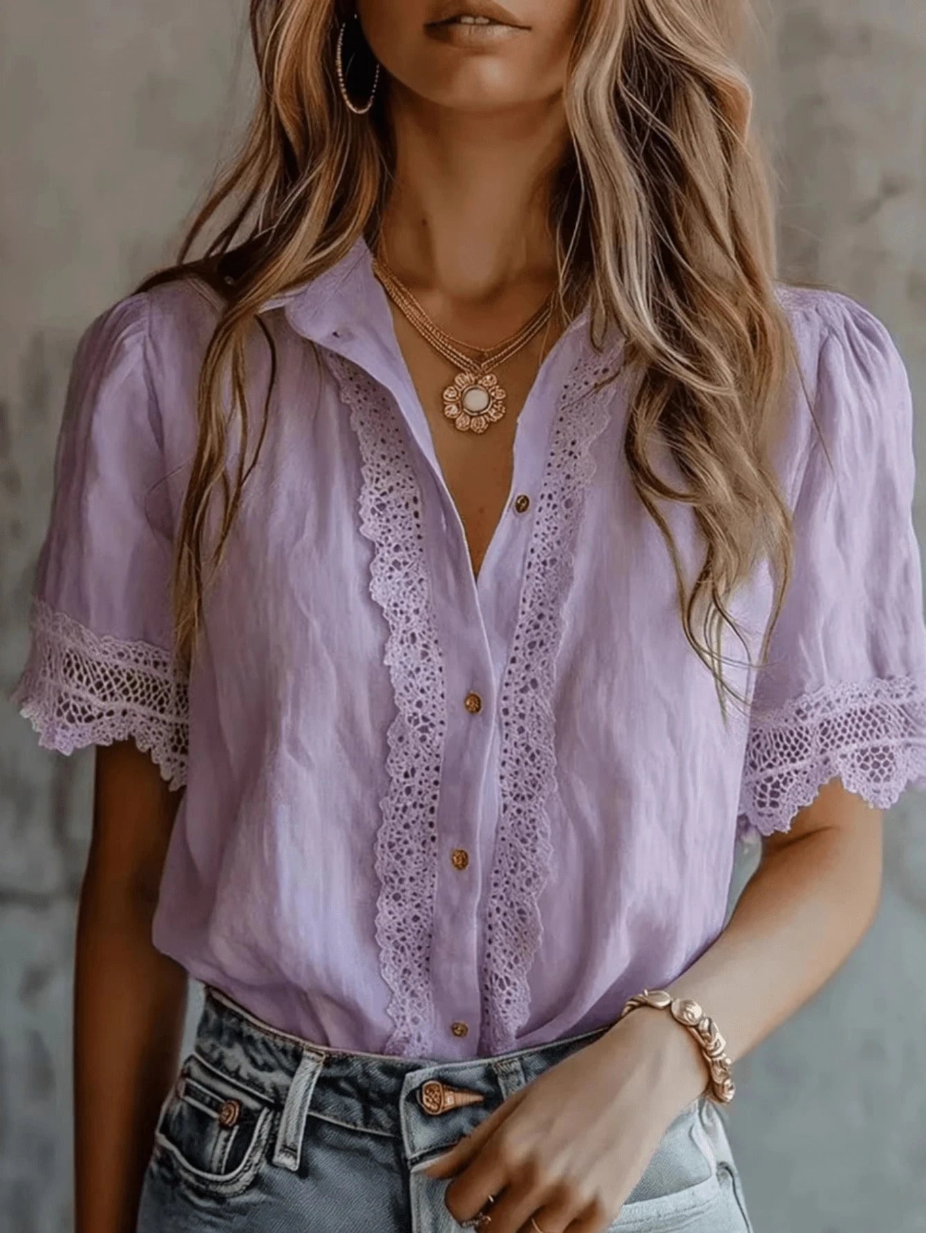 Plus Size Women's Lace Trim Linen Blend Blouse, Puff Short Sleeve Button-Down Shirt