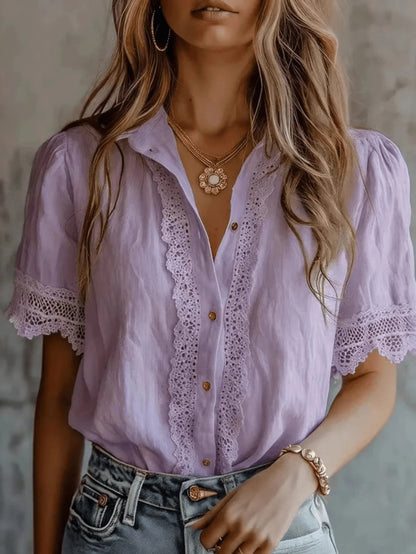 Plus Size Women's Lace Trim Linen Blend Blouse, Puff Short Sleeve Button-Down Shirt