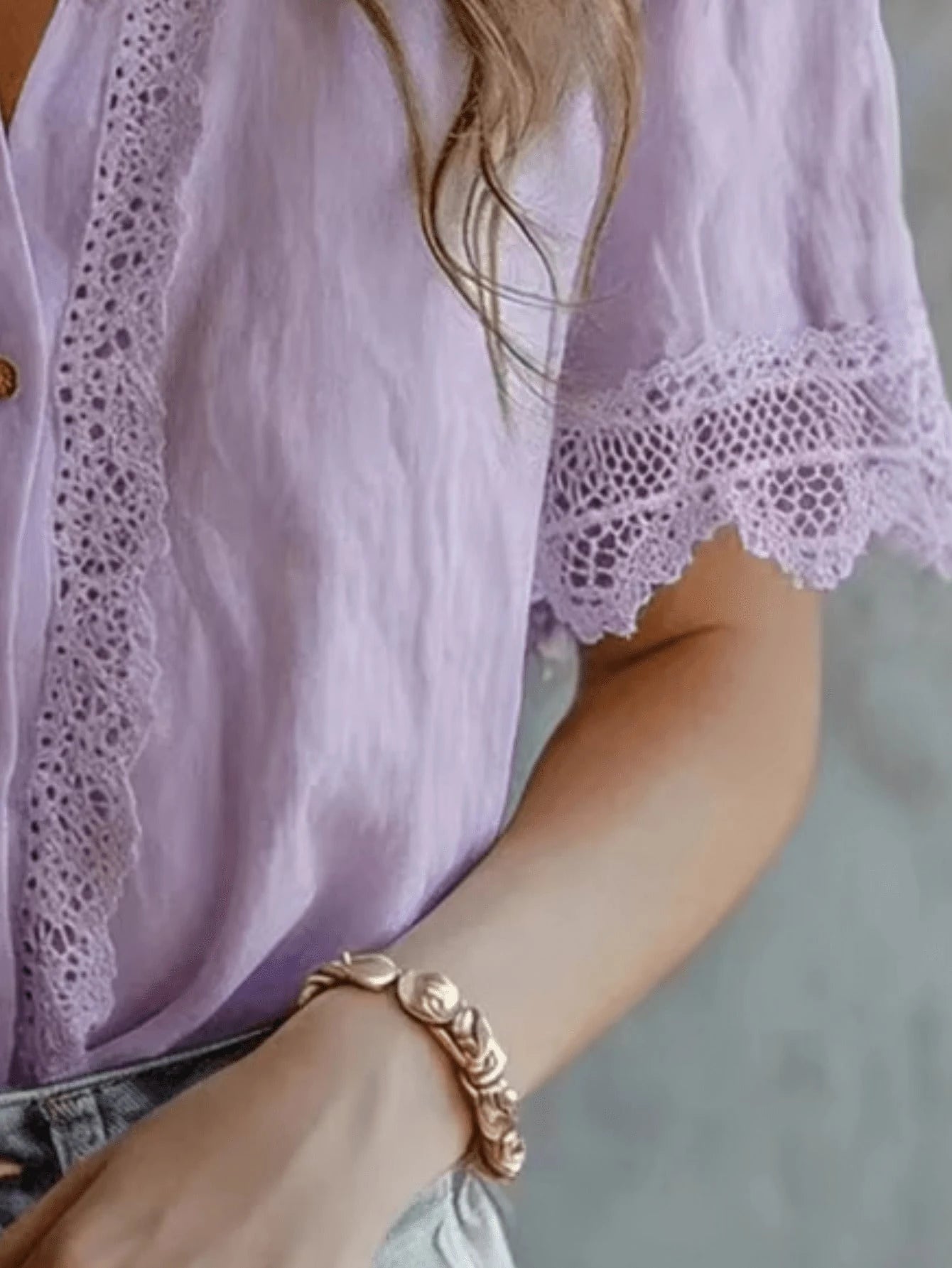 Plus Size Women's Lace Trim Linen Blend Blouse, Puff Short Sleeve Button-Down Shirt