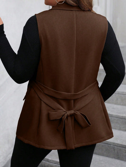Plus Size Women's Solid Color Lapel Sleeveless Casual Blazer Jacket, Autumn