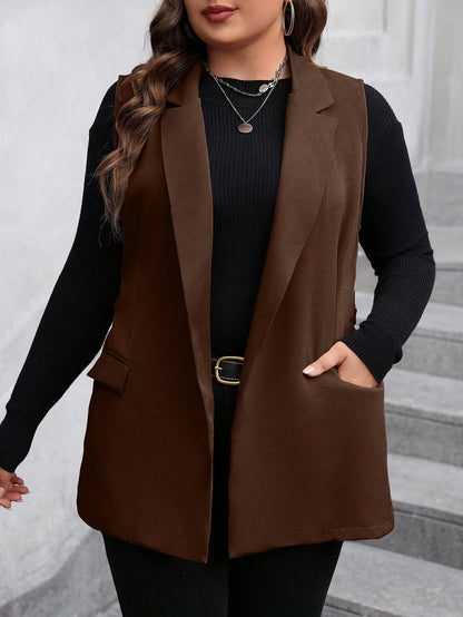 Plus Size Women's Solid Color Lapel Sleeveless Casual Blazer Jacket, Autumn