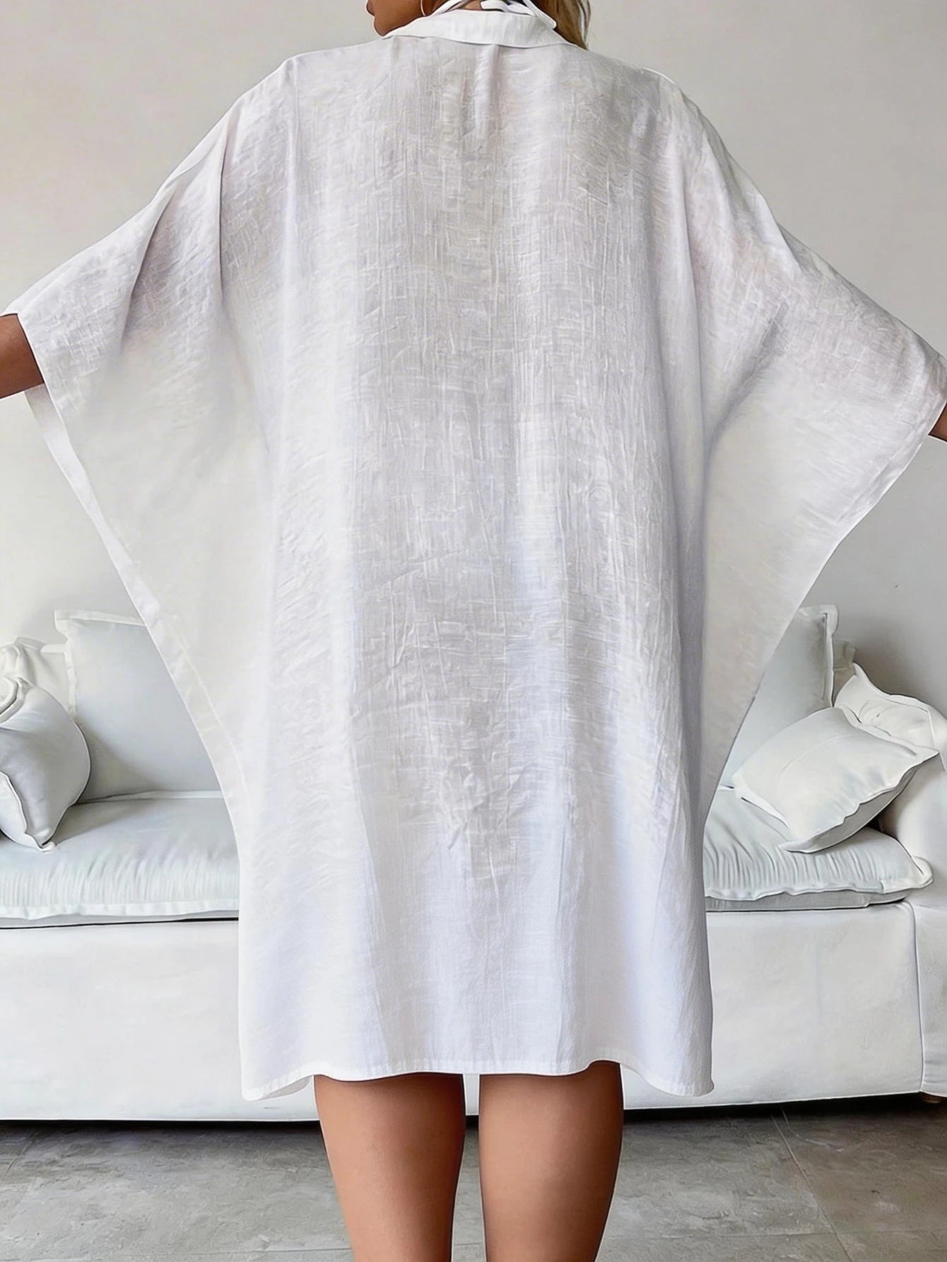 Plus Size Women's Summer White Batwing 3/4 Sleeve Cover Up, White, Single-Breasted Shirt, Solid Color, Comfortable Super Thin Breathable; White Party, Women's Easter Top, Beach Holiday Summer Vacat