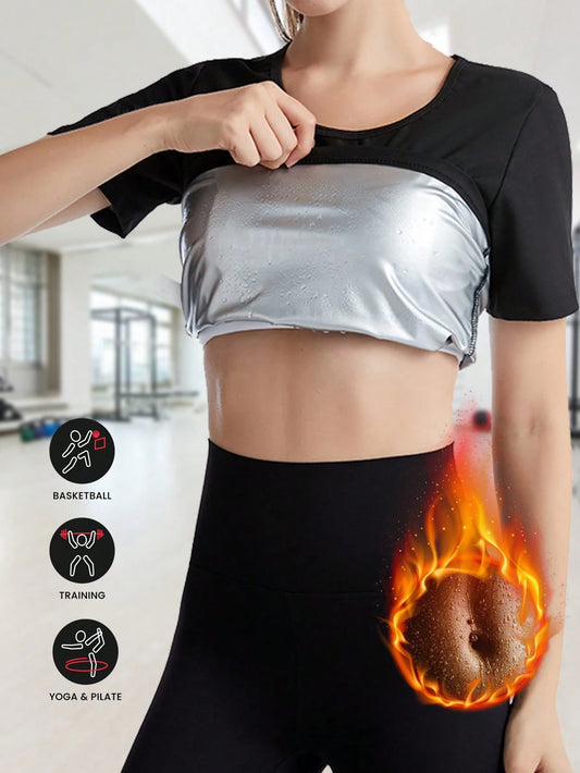 Plus Size Women Sauna Suit, Round Neck Short Sleeve Fitness Workout Top, Ladies Shapewear Activewear, Spring/Summer Sports