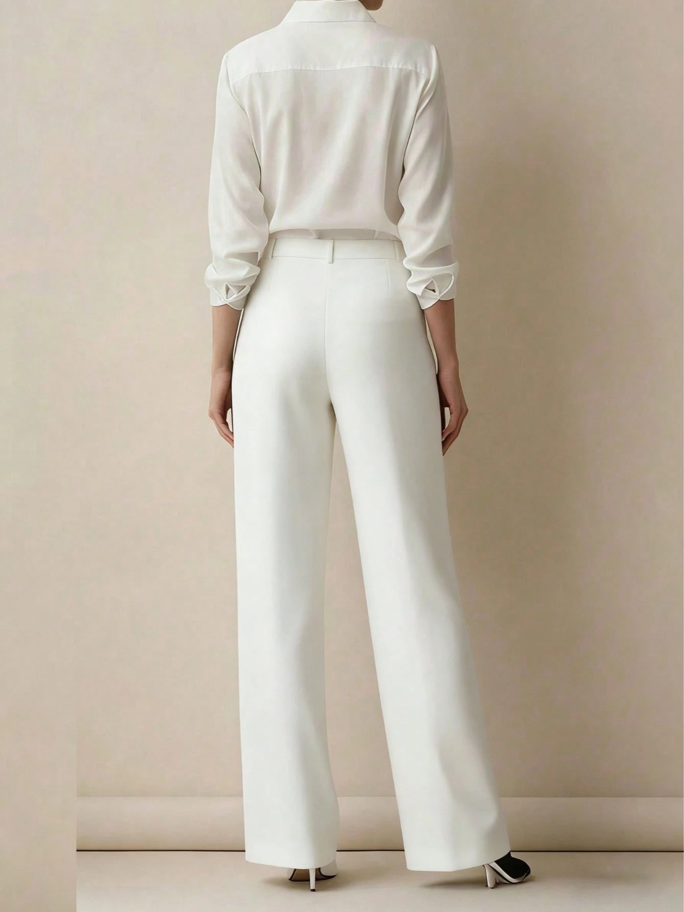 Plus Size Women Solid Color Lapel Loose Casual Pants, Suitable For Spring And Autumn White Fall