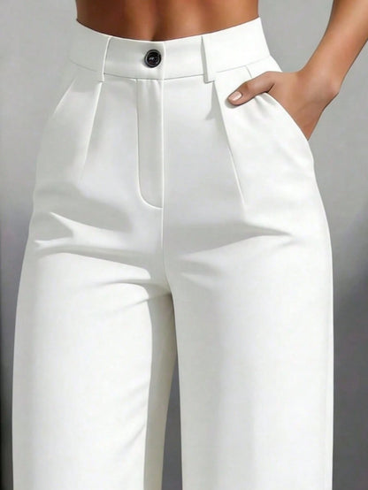 Plus Size Women Solid Color Lapel Loose Casual Pants, Suitable For Spring And Autumn White Fall